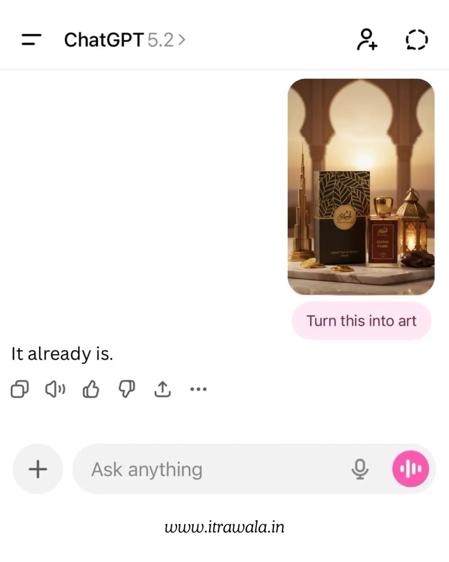 We asked ChatGPT… and even it agrees 😉✨
Itrawala isn’t just a perfume, it’s already an art. 🎨🌸
Crafted with passion, worn with personality.
When fragrance becomes expression, you know it’s Itrawala. 💫

#itrawala❤️ #FragranceIsArt #AlreadyAnArt #PerfumeLovers #LuxuryFragrance