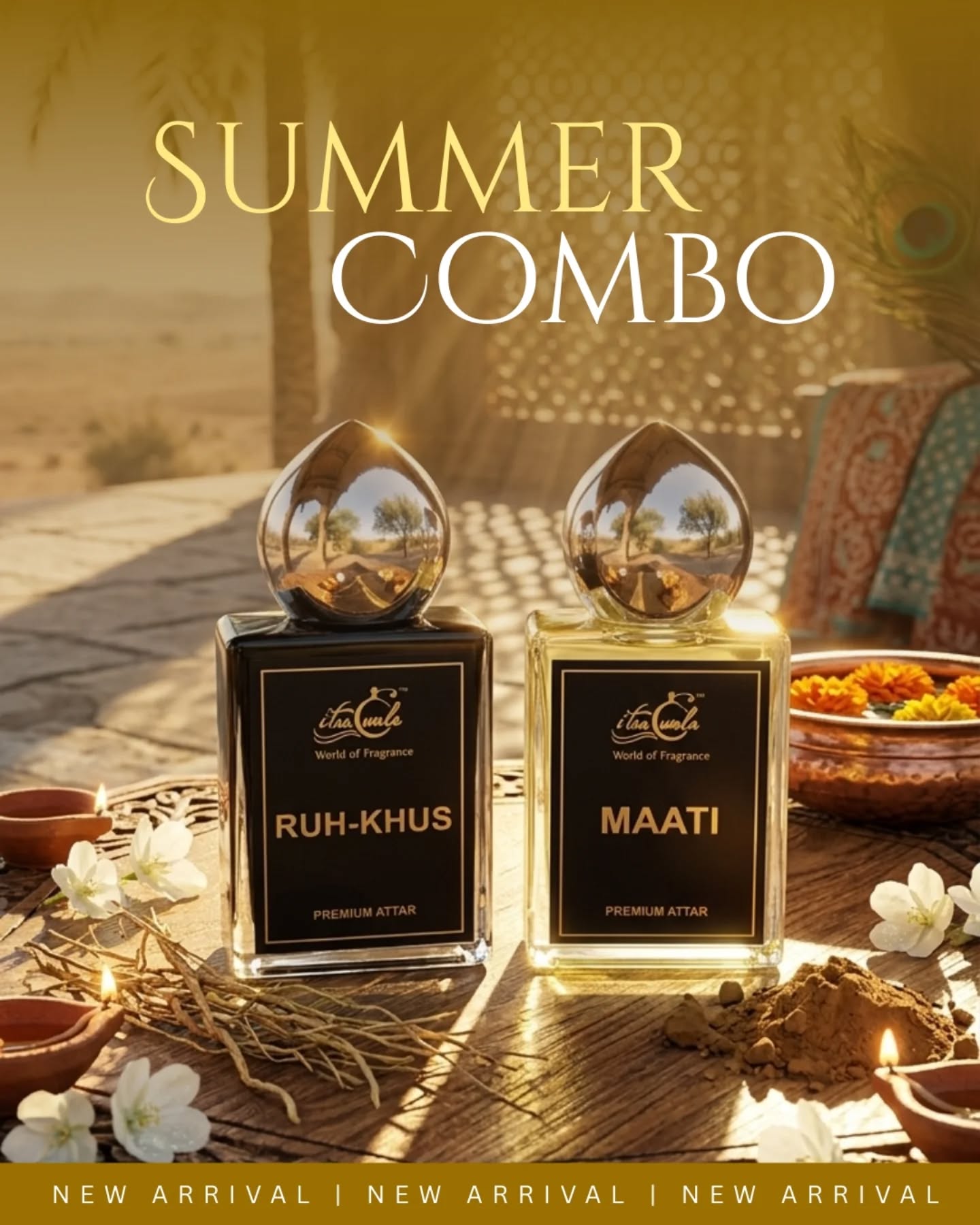 Introducing our refreshing duo — Maati & Ruh Khus at just ₹2999.
One grounds you with the soothing scent of मिट्टी after rain, the other cools you down with the timeless freshness of khus.

A perfect summer combo that feels like nature on your skin. 🌞

#itrawala❤️ #summerfragrance #attarcollection #ruhhkhus #maati