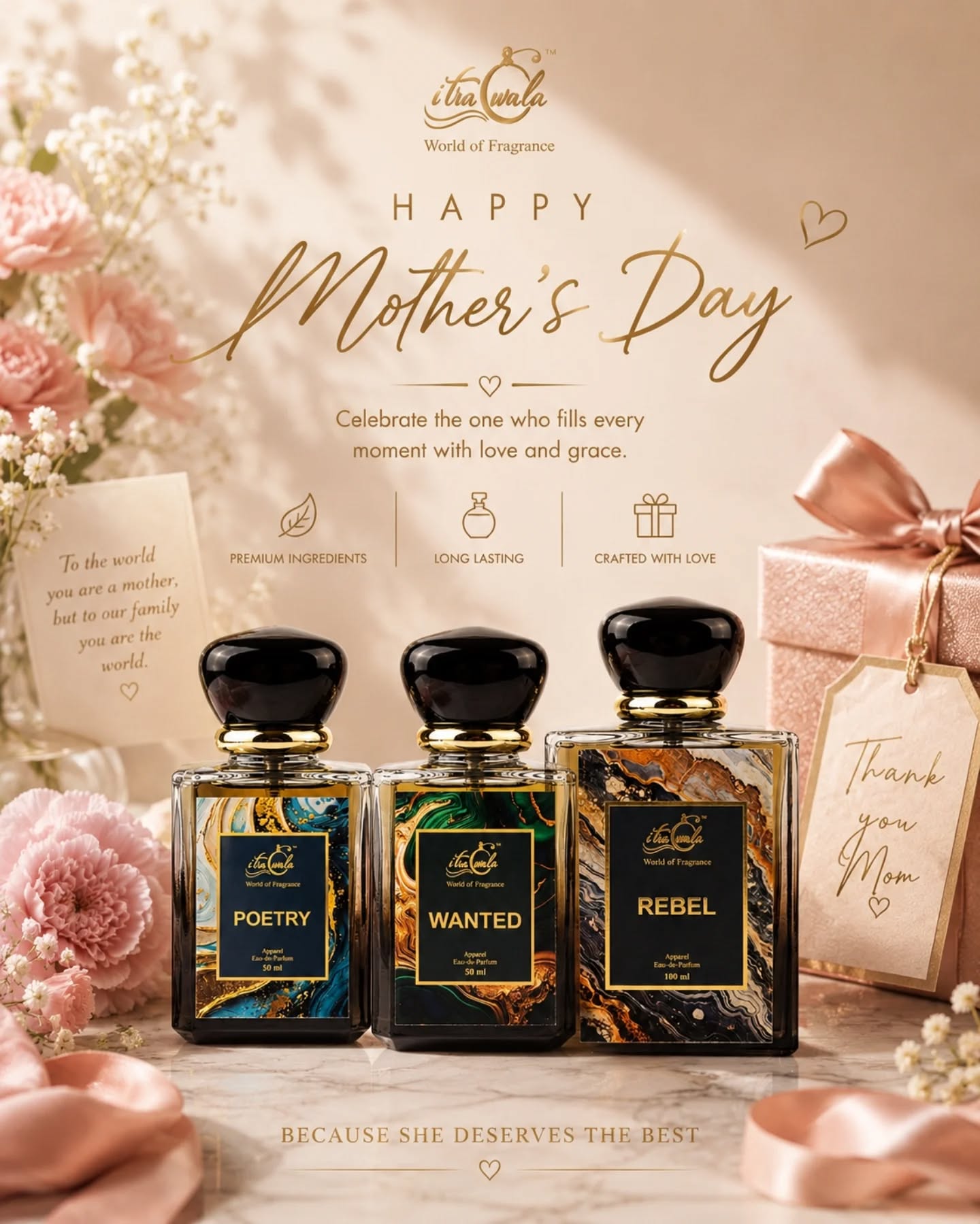 For the woman whose love stays with us forever,
gift her a fragrance she’ll remember just as deeply. 💖✨

This Mother’s Day, celebrate her warmth, care, and grace with fragrances crafted to feel special — just like her.

Because she deserves more than a gift.
She deserves a beautiful memory in every note.

Happy Mother’s Day from Itrawala. 🌸

🌐 Shop now at www.itrawala.in

🛒 Also available on Amazon

#MothersDay #HappyMothersDay #Itrawala #GiftForMom #LuxuryFragrance